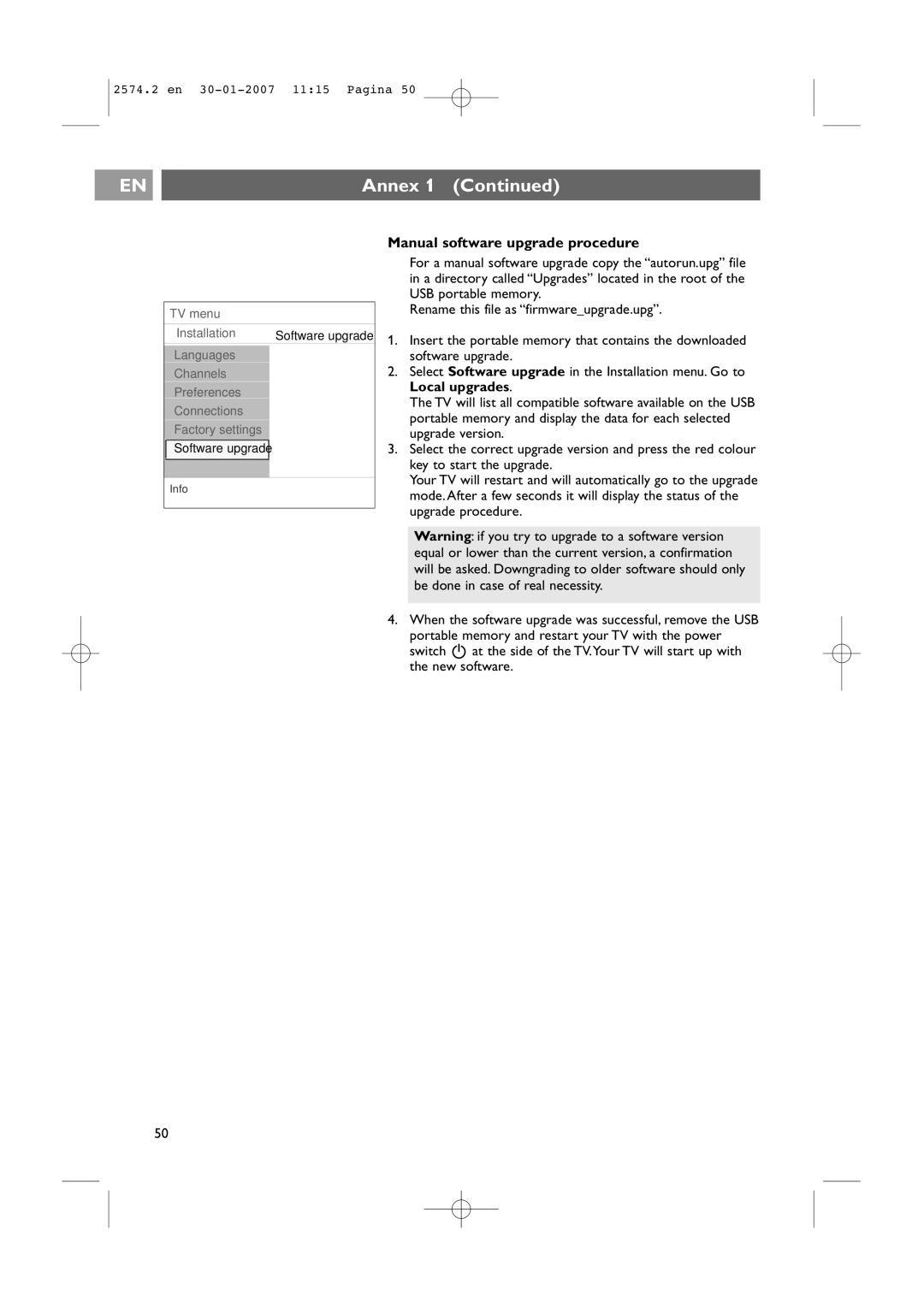 Philips 47PF9541/98 user manual Manual software upgrade procedure 