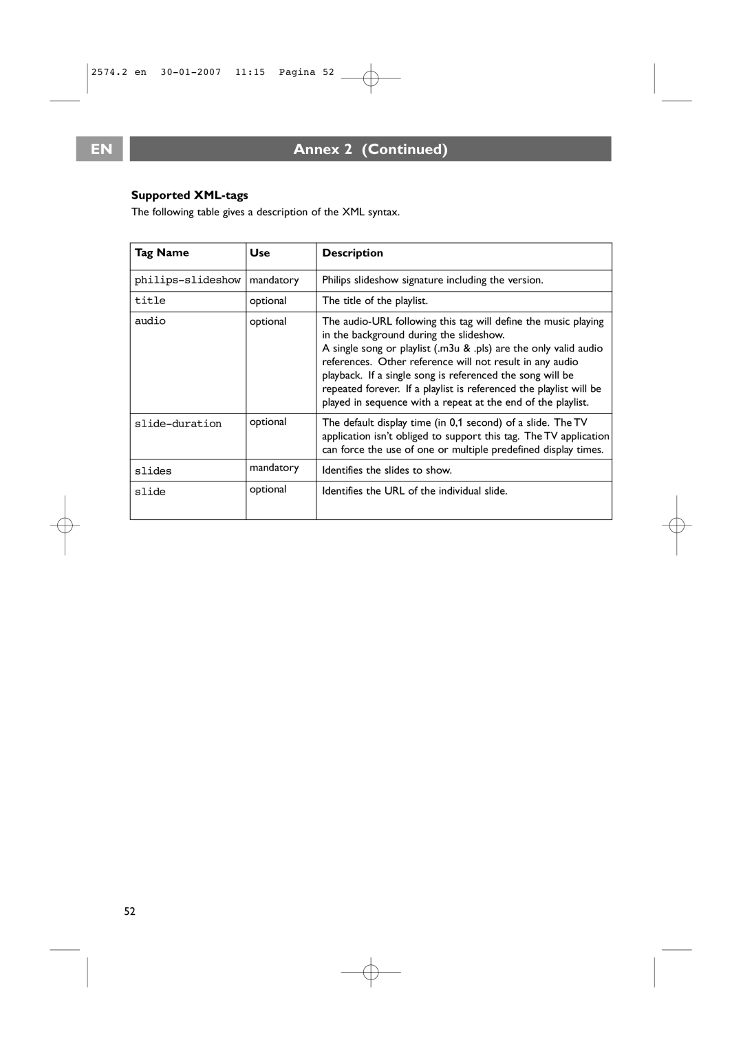 Philips 47PF9541/98 user manual Supported XML-tags, Tag Name Use Description 