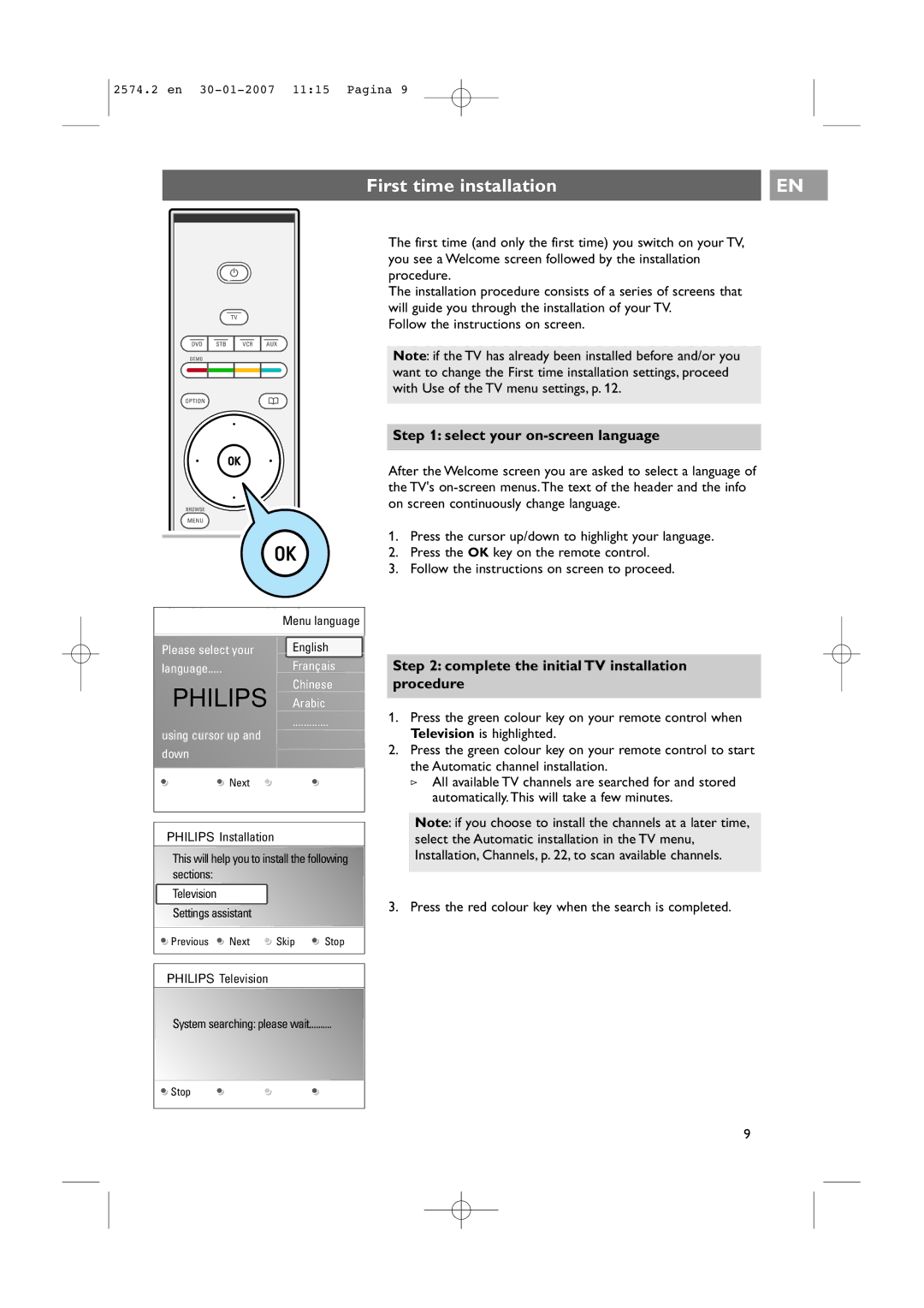 Philips 47PF9541/98 user manual First time installation, Select your on-screen language, Follow the instructions on screen 