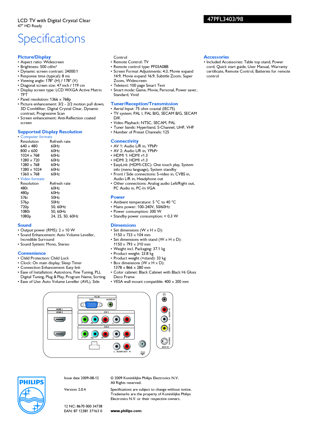 Philips 47PFL3403/98 manual Picture/Display, Accessories, Tuner/Reception/Transmission, Supported Display Resolution, Power 