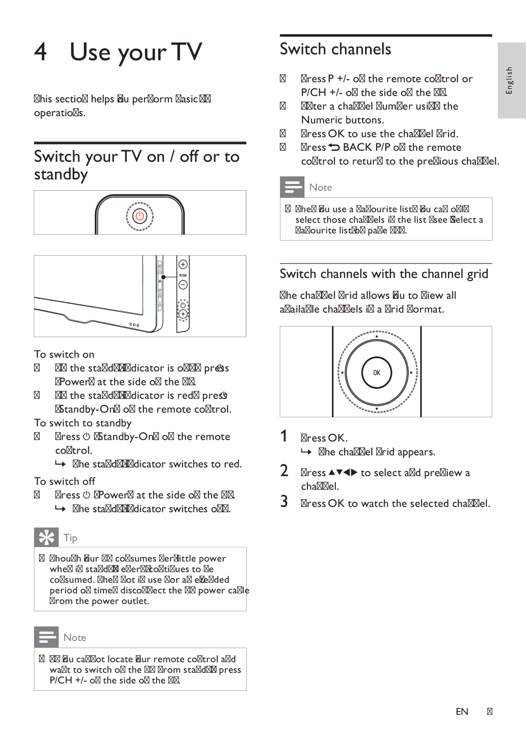 Philips 32PFL3605H, 47PFL3605H, 42PFL3605H user manual Use your TV, Switch your TV on / off or to standby, Switch channels 