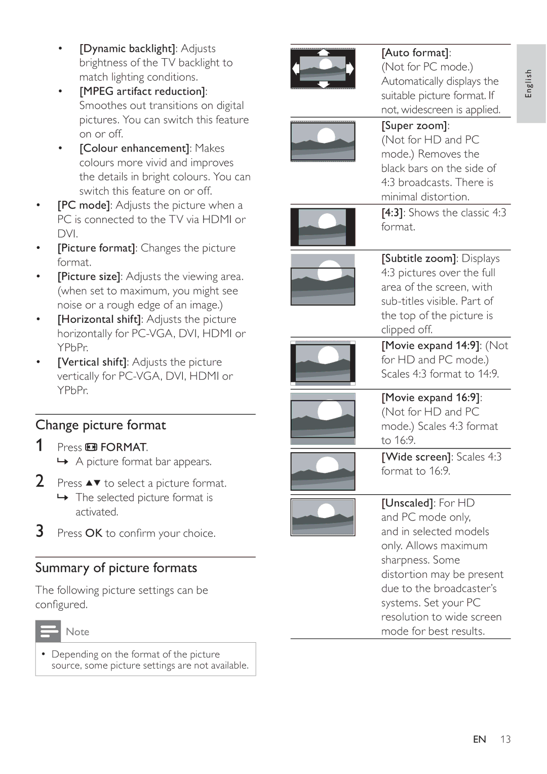 Philips 47PFL3605H Change picture format, Summary of picture formats, Following picture settings can be conﬁgured 