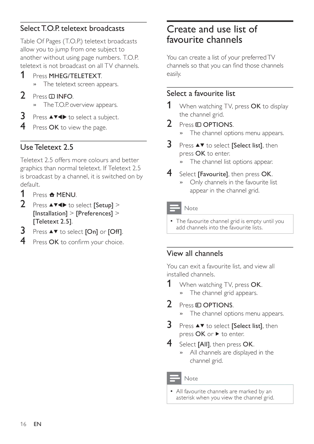 Philips 47PFL3605H, 42PFL3605H Select T.O.P. teletext broadcasts, Use Teletext, Select a favourite list, View all channels 
