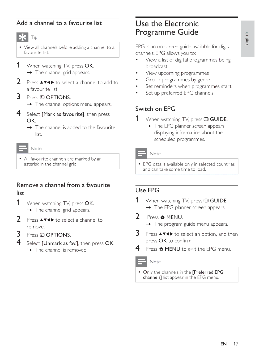 Philips 42PFL3605H Use the Electronic Programme Guide, Add a channel to a favourite list, Switch on EPG, Use EPG 