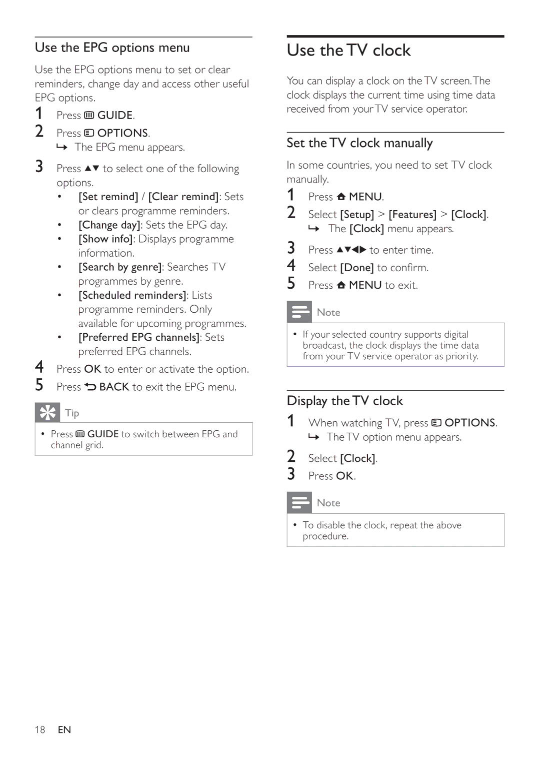 Philips 32PFL3605H, 47PFL3605H Use the TV clock, Use the EPG options menu, Set the TV clock manually, Display the TV clock 