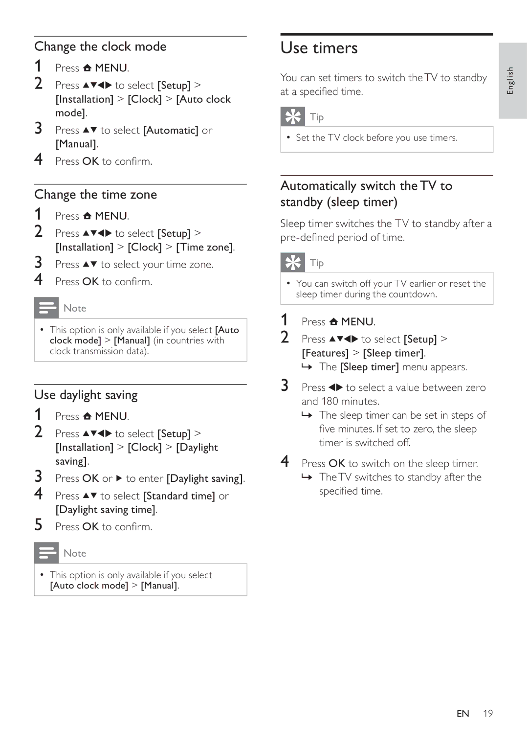 Philips 47PFL3605H, 42PFL3605H, 32PFL3605H Use timers, Change the clock mode, Change the time zone, Use daylight saving 