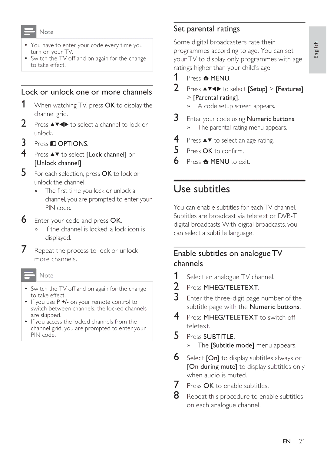Philips 32PFL3605H, 47PFL3605H, 42PFL3605H Use subtitles, Lock or unlock one or more channels, Set parental ratings 