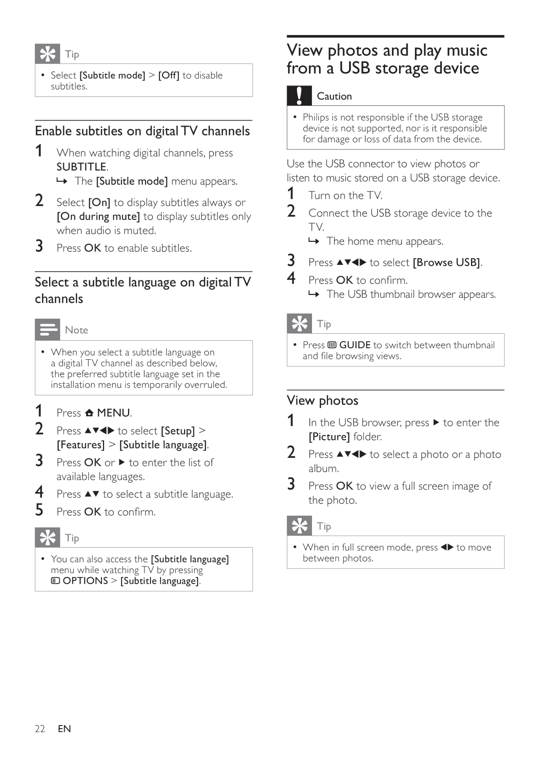 Philips 47PFL3605H Enable subtitles on digital TV channels, Select a subtitle language on digital TV channels, View photos 