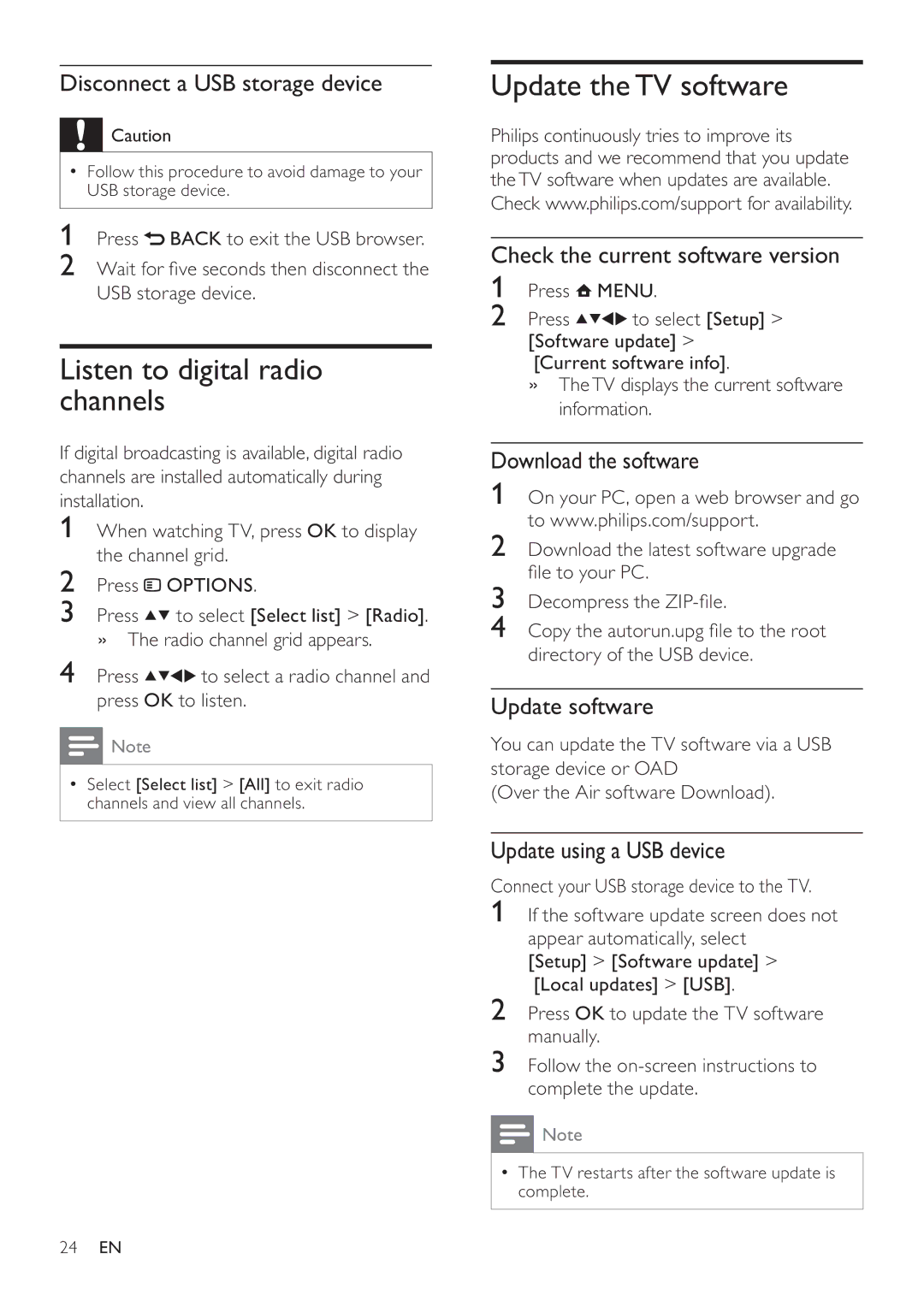 Philips 32PFL3605H, 47PFL3605H, 42PFL3605H user manual Listen to digital radio channels, Update the TV software 