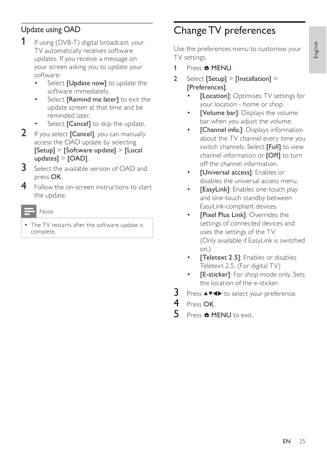 Philips 47PFL3605H, 42PFL3605H, 32PFL3605H user manual Change TV preferences, Update using OAD, Press OK Press Menu to exit 