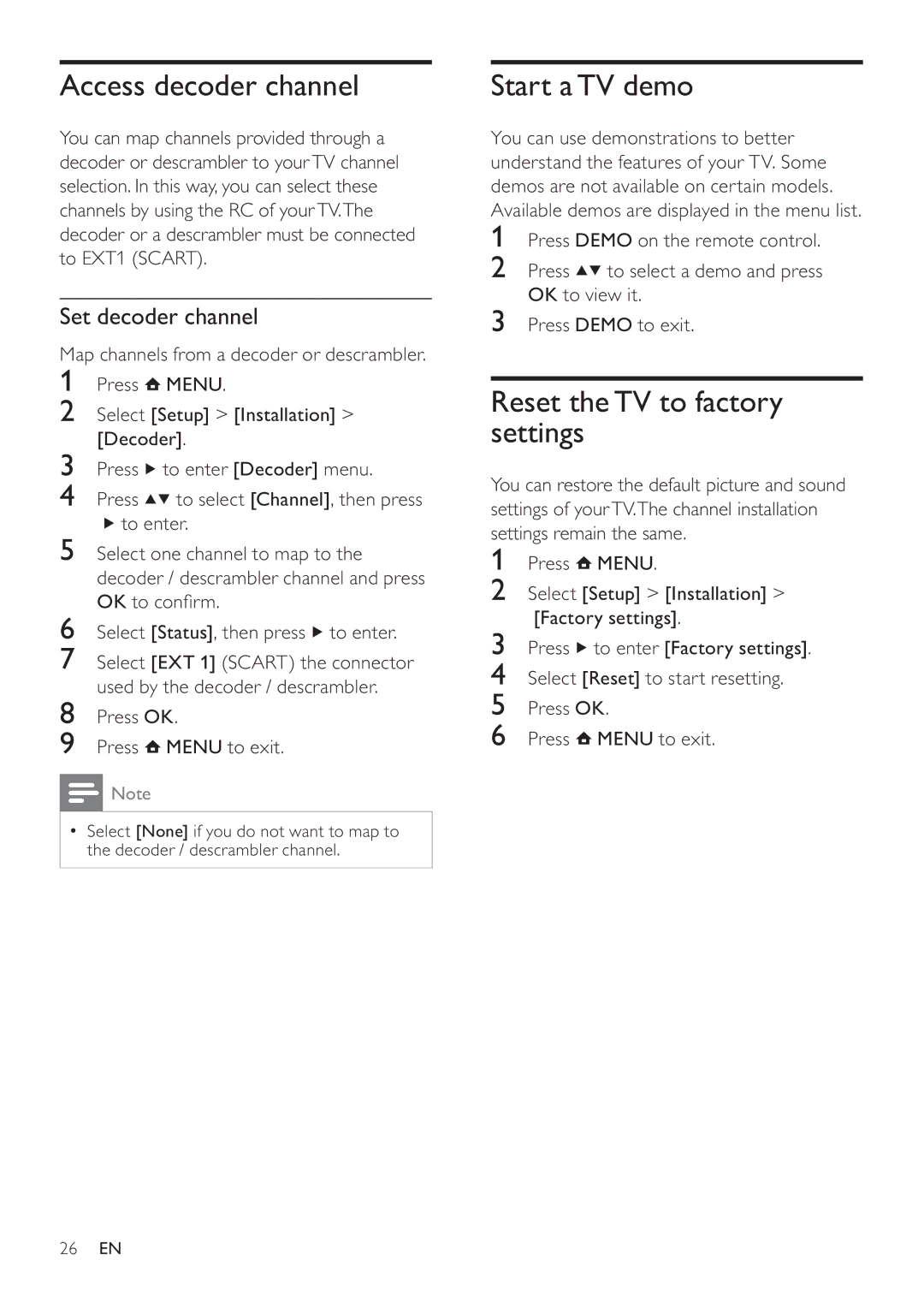 Philips 42PFL3605H Access decoder channel, Start a TV demo, Reset the TV to factory settings, Set decoder channel 