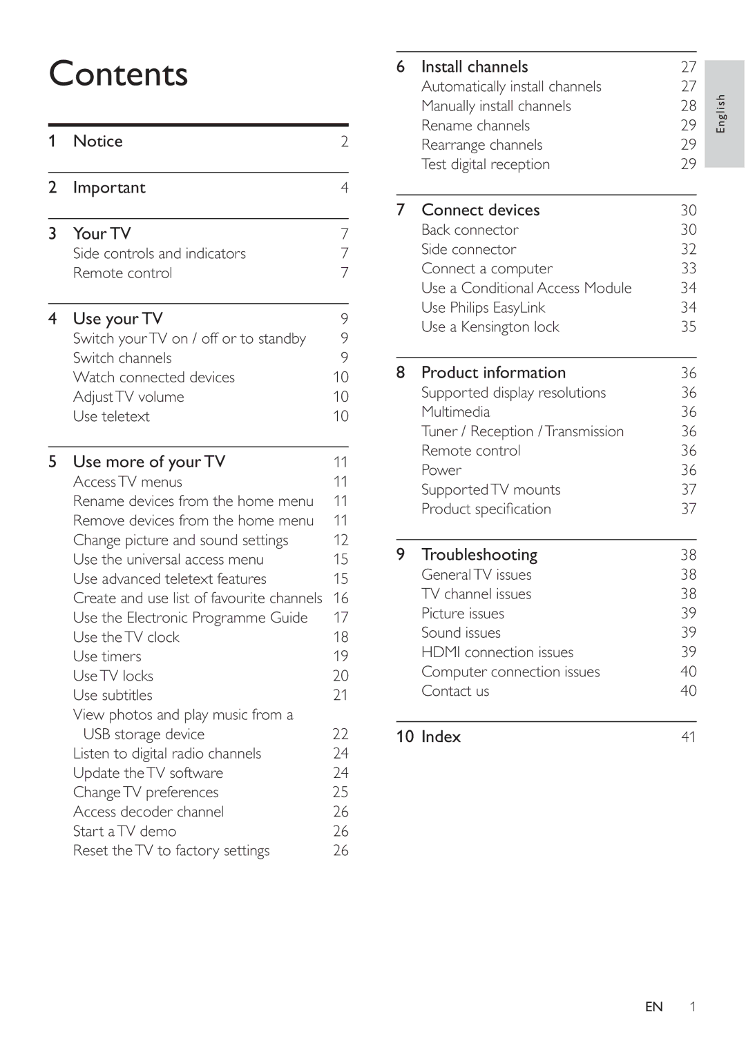 Philips 47PFL3605H, 42PFL3605H, 32PFL3605H user manual Contents 