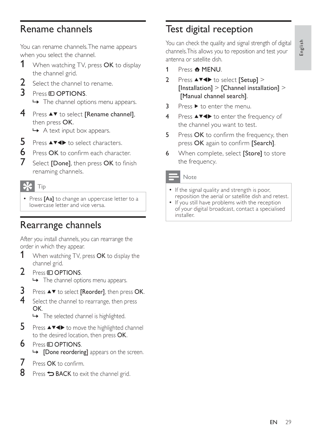 Philips 42PFL3605H, 47PFL3605H, 32PFL3605H user manual Rename channels, Rearrange channels, Test digital reception 