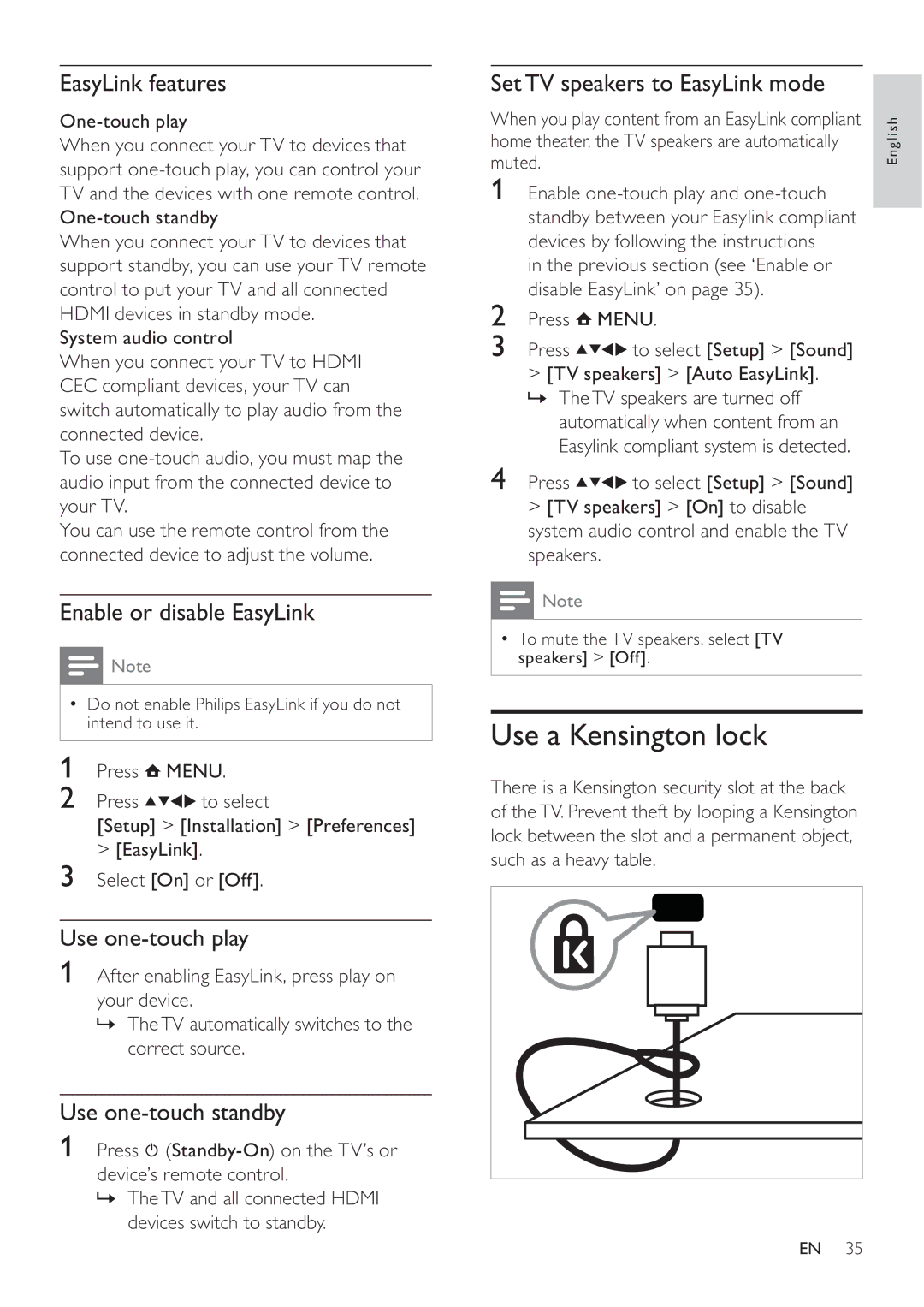 Philips 42PFL3605H, 47PFL3605H, 32PFL3605H user manual Use a Kensington lock 