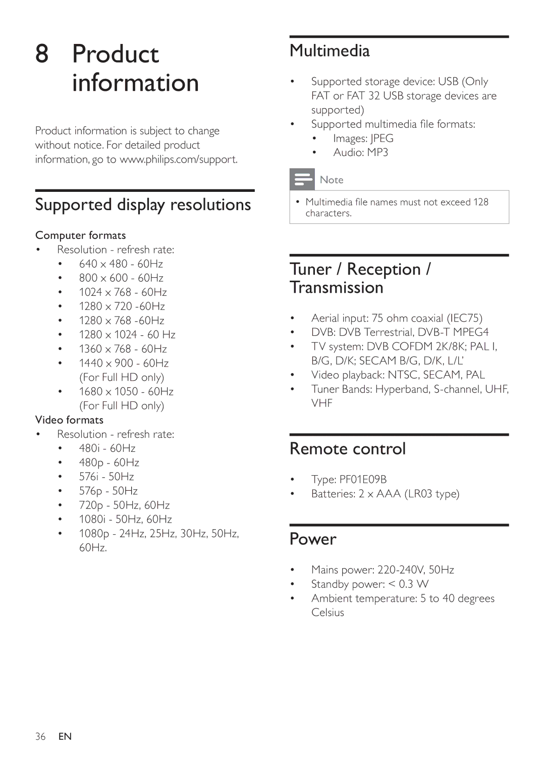 Philips 32PFL3605H, 47PFL3605H, 42PFL3605H Supported display resolutions, Multimedia, Tuner / Reception Transmission, Power 