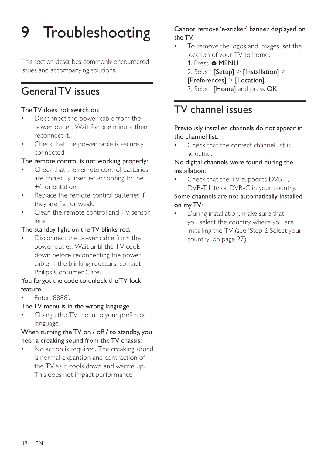 Philips 42PFL3605H, 47PFL3605H, 32PFL3605H user manual Troubleshooting, General TV issues, TV channel issues 