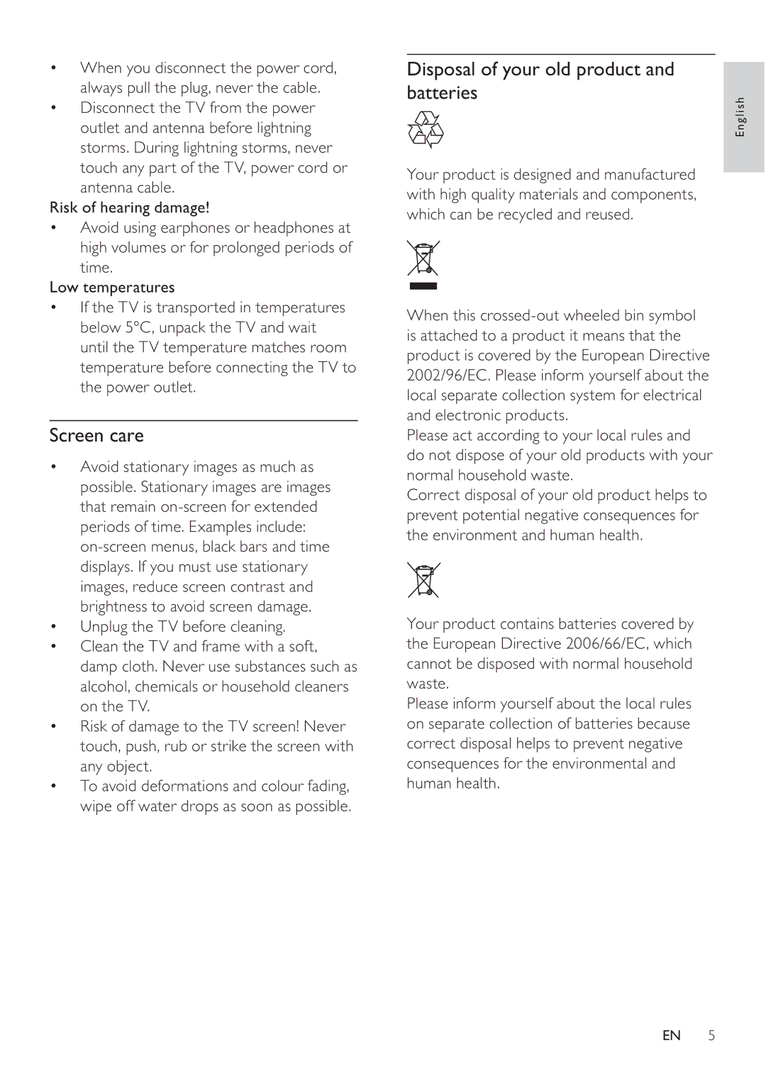 Philips 42PFL3605H, 47PFL3605H, 32PFL3605H user manual Screen care, Disposal of your old product and batteries 