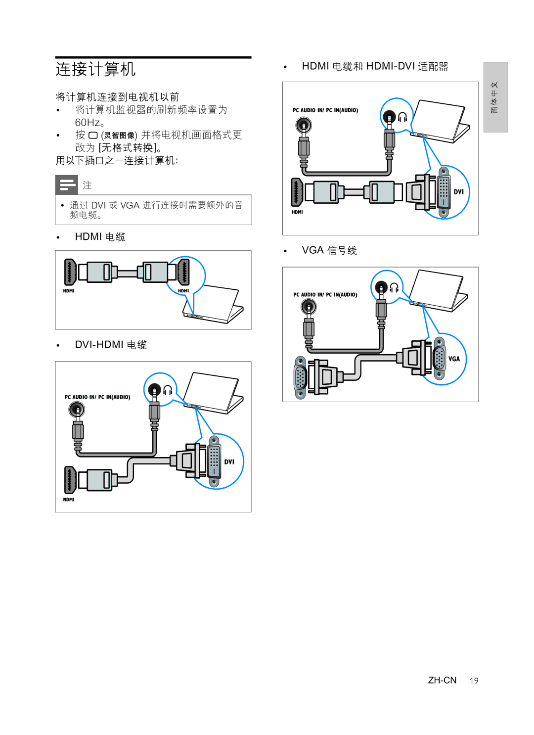 Philips 47PFL3609/93, 32PFL3409/93, 42PFL3609/93 manual 将计算机连接到电视机以前 将计算机监视器的刷新频率设置为, 并将电视机画面格式更 改为 无格式转换。 用以下插口之一连接计算机： 