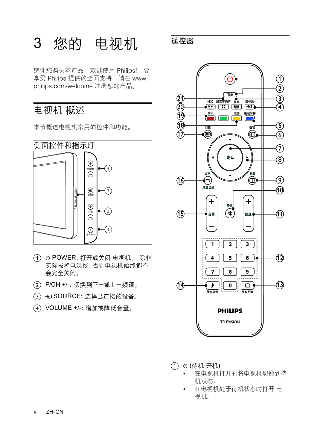 Philips 42PFL3609/93, 47PFL3609/93, 32PFL3409/93 manual 您的 电视机 遥控器, 电视机 概述, 侧面控件和指示灯, 本节概述电视机常用的控件和功能。, 在电视机处于待机状态时打开 电 视机。 