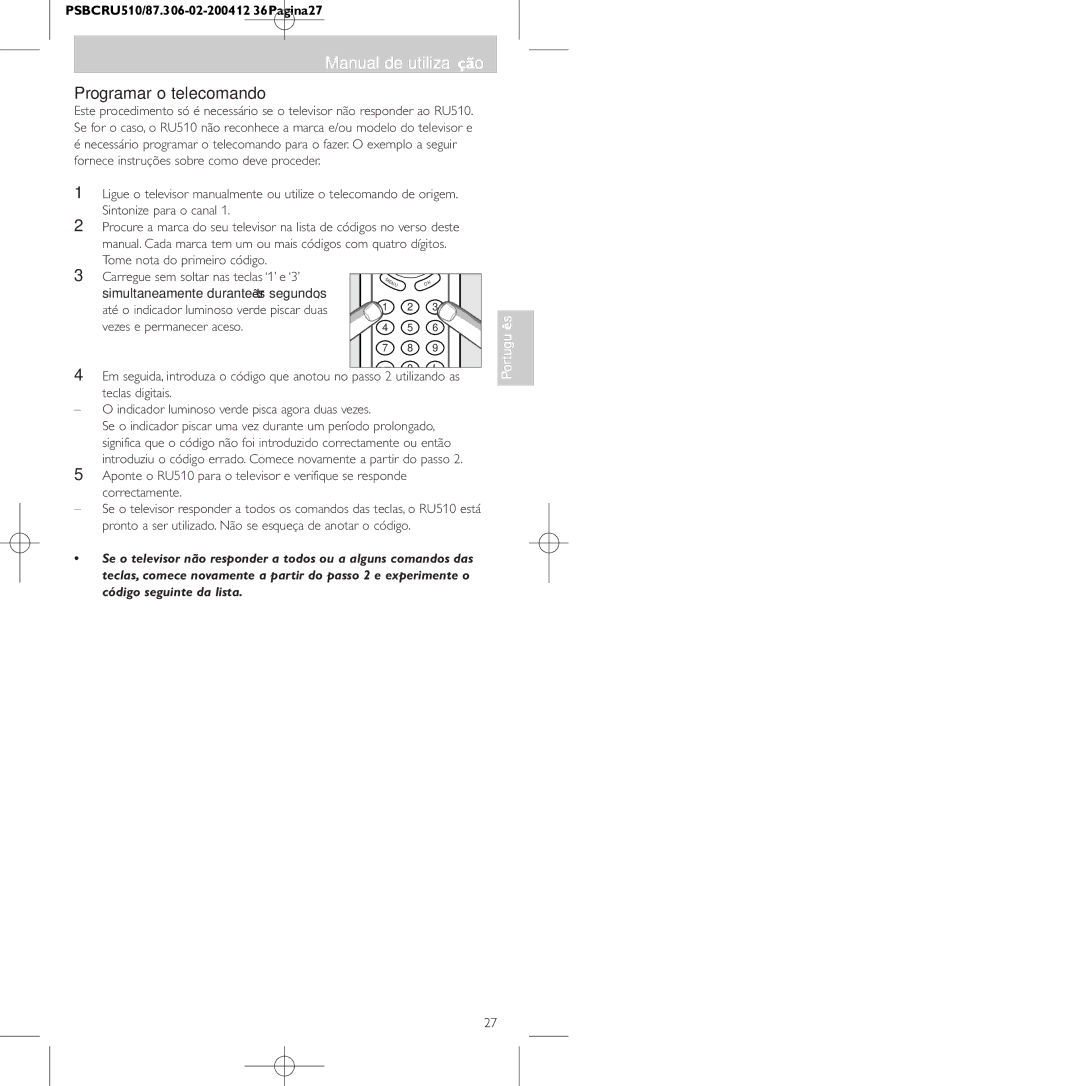 Philips SBC RU 510/87U, 47PFL3609/93 manual Manual de utilização, Programar o telecomando, Vezes e permanecer aceso 