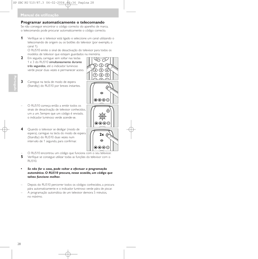 Philips 47PFL3609/93, SBC RU 510/87U manual Programar automaticamente o telecomando 