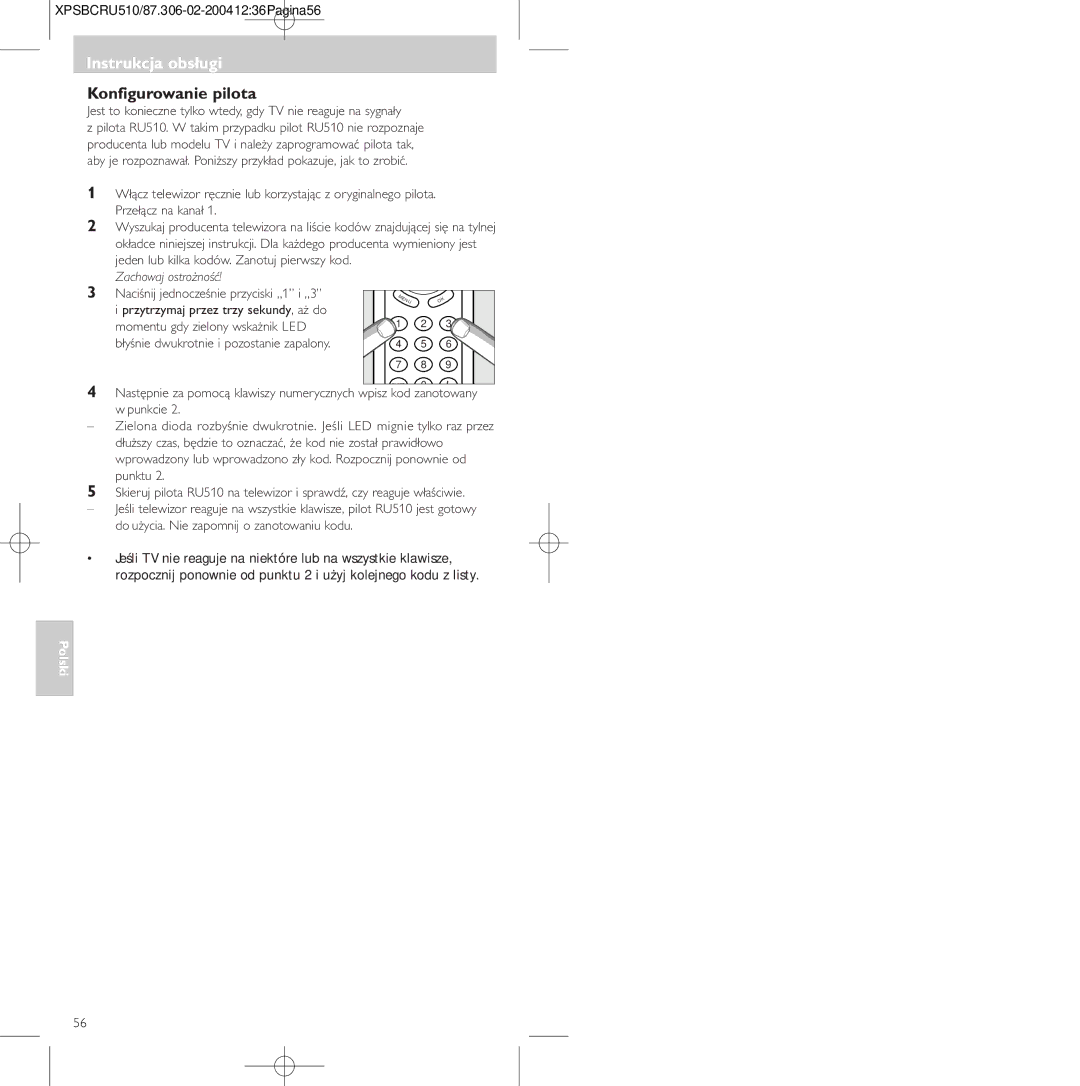 Philips 47PFL3609/93, SBC RU 510/87U manual Instrukcja obsługi, Konfigurowanie pilota 