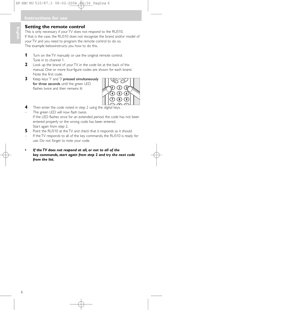 Philips 47PFL3609/93, SBC RU 510/87U manual Instructions for use, Setting the remote control 