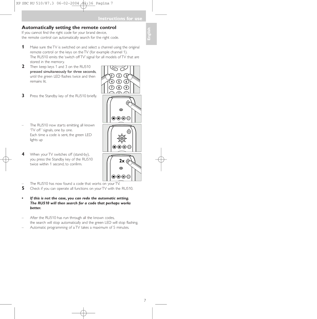 Philips SBC RU 510/87U manual Automatically setting the remote control, Then keep keys 1 and 3 on the RU510, Remains lit 