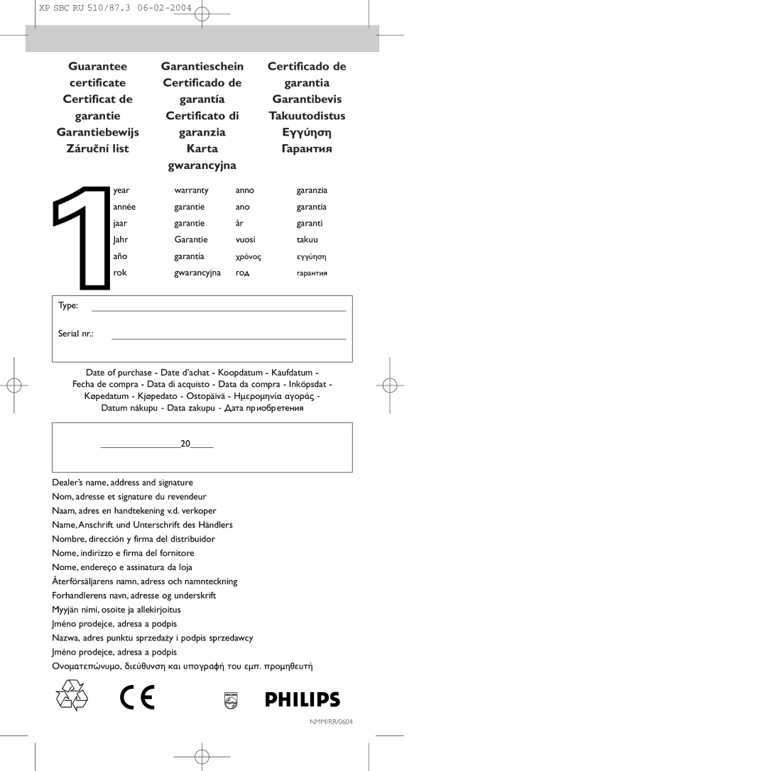 Philips 47PFL3609/93 manual Guarantee, Certificate Certificado de, Certificat de, Certificato di Takuutodistus 