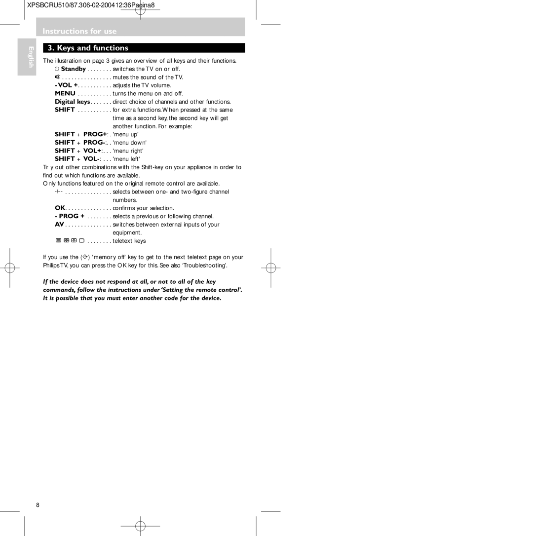 Philips 47PFL3609/93, SBC RU 510/87U manual Instructions for use Keys and functions, Shift + VOL+ 