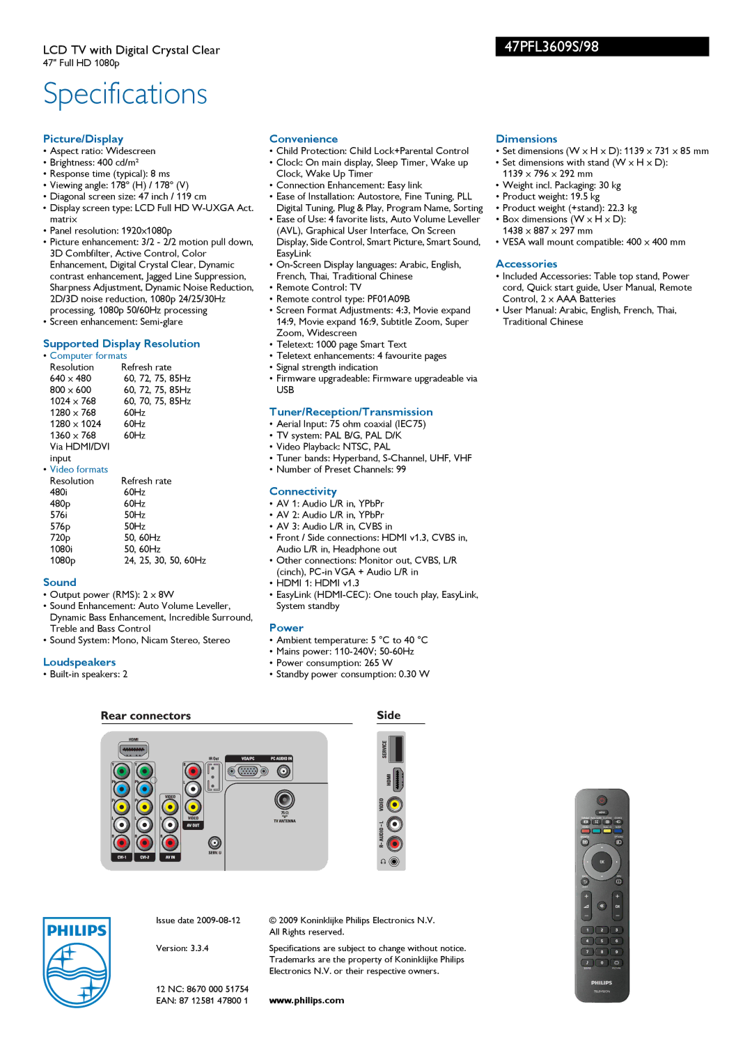 Philips 47PFL3609S Picture/Display Convenience Dimensions, Accessories, Supported Display Resolution, Connectivity, Sound 