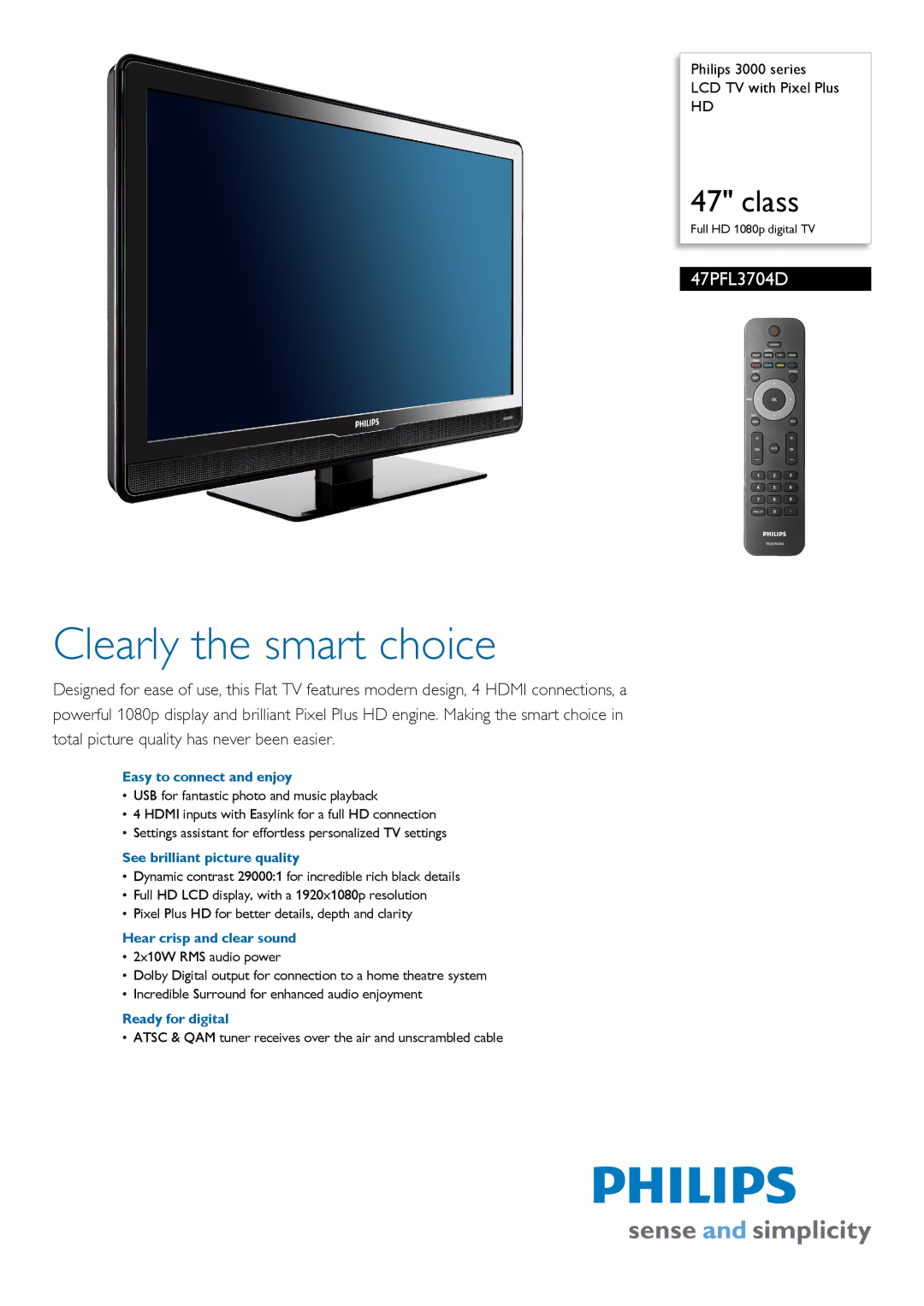 Philips 47PFL3704D/F7 manual Easy to connect and enjoy, See brilliant picture quality, Hear crisp and clear sound 