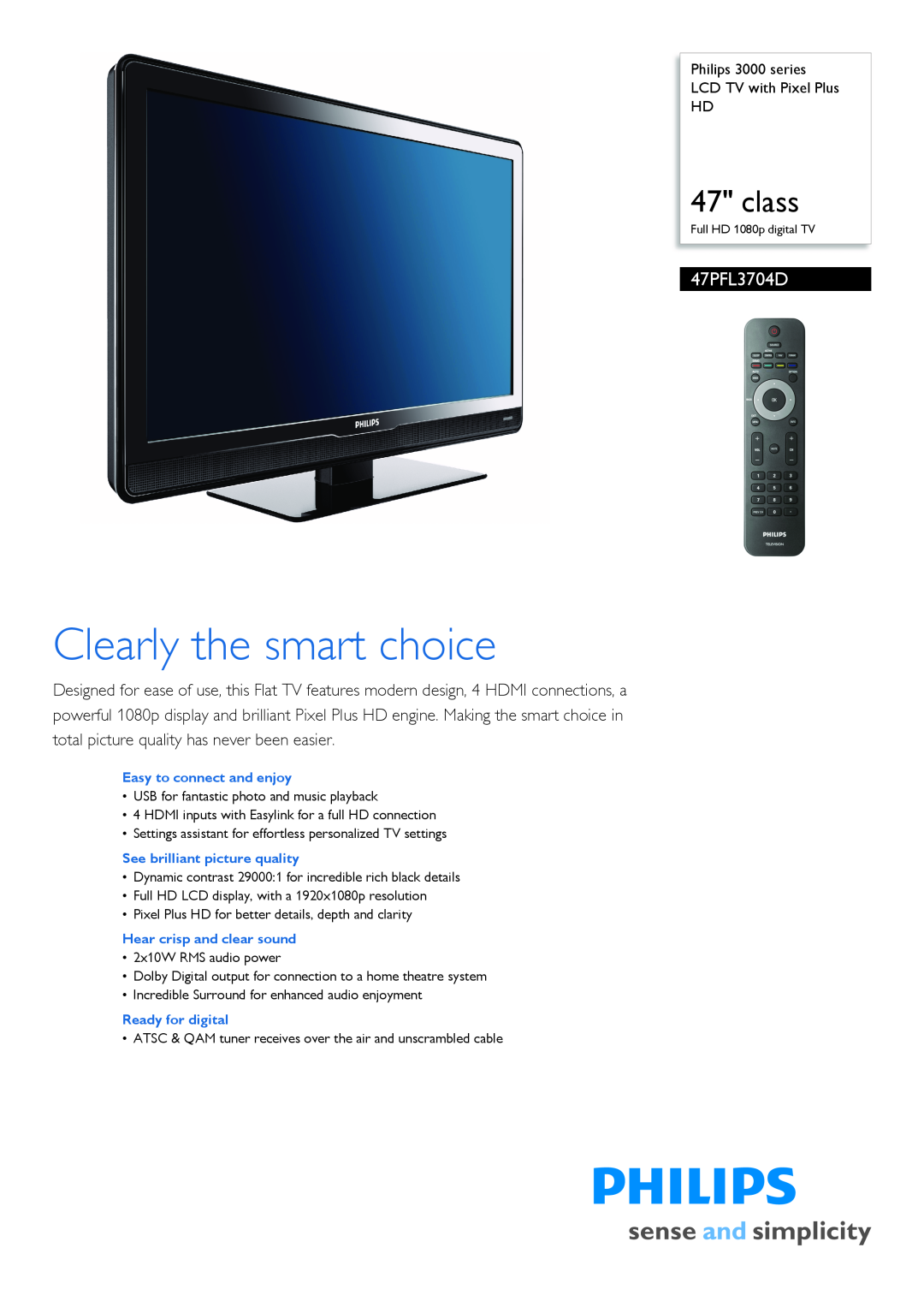 Philips 47PFL3704D/F7 manual Philips 3000 series LCD TV with Pixel Plus HD, Clearly the smart choice, class 