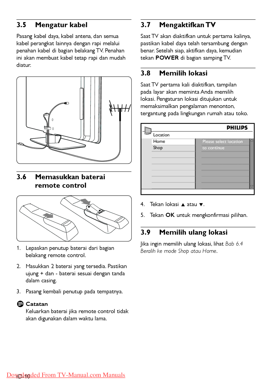 Philips 47PFL540 Mengatur kabel, Memasukkan baterai remote control, Mengaktifkan TV, Memilih lokasi, Memilih ulang lokasi 