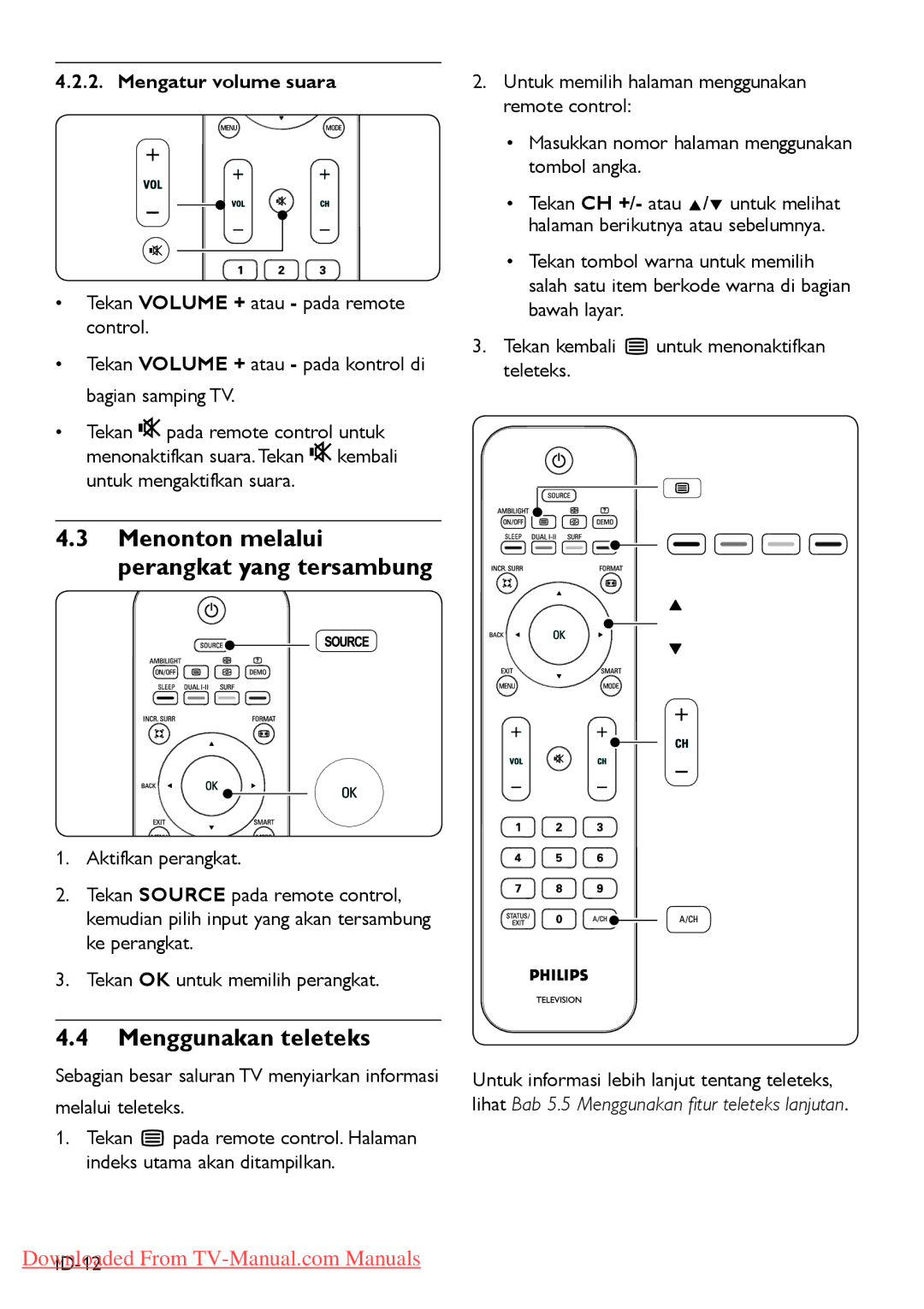 Philips 47PFL540, 3 42PFL5403 32PFL5403 manual Menggunakan teleteks, Mengatur volume suara 