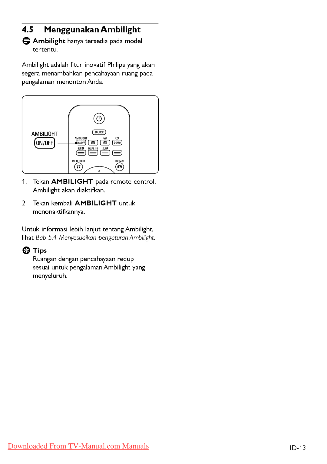 Philips 3 42PFL5403 32PFL5403, 47PFL540 manual Menggunakan Ambilight 