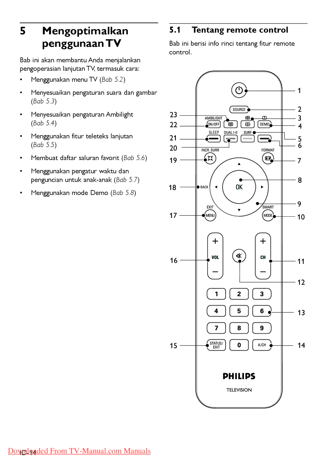 Philips 47PFL540 Tentang remote control, Menggunakan mode Demo Bab, Bab ini berisi info rinci tentang fitur remote control 