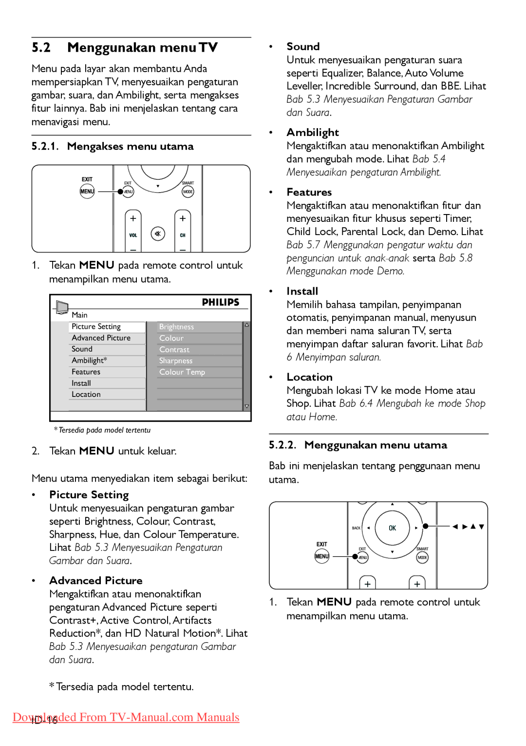 Philips 47PFL540, 3 42PFL5403 32PFL5403 manual Menggunakan menu TV 