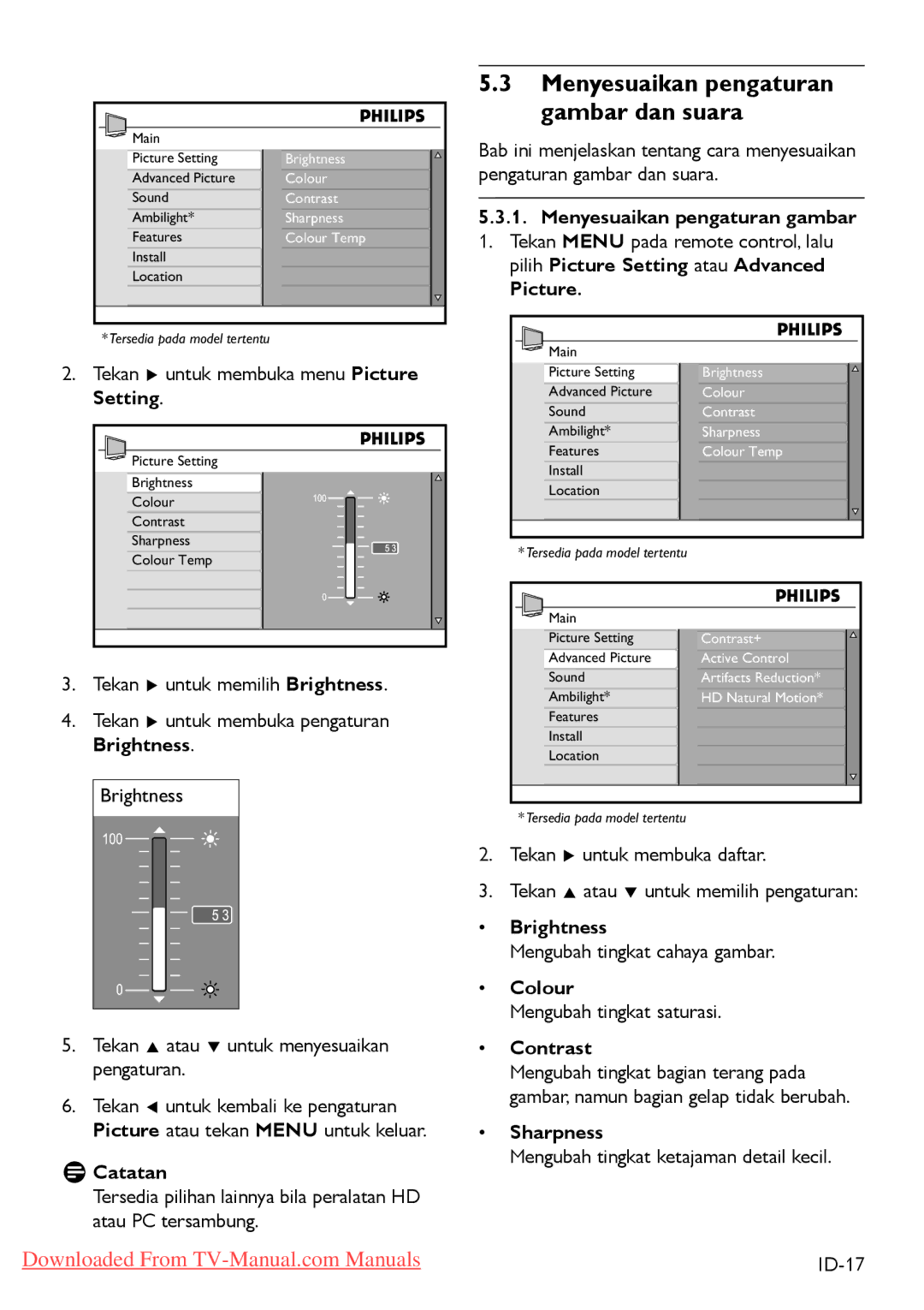 Philips 3 42PFL5403 32PFL5403, 47PFL540 Menyesuaikan pengaturan gambar, Picture, Brightness, Colour, Contrast, Sharpness 
