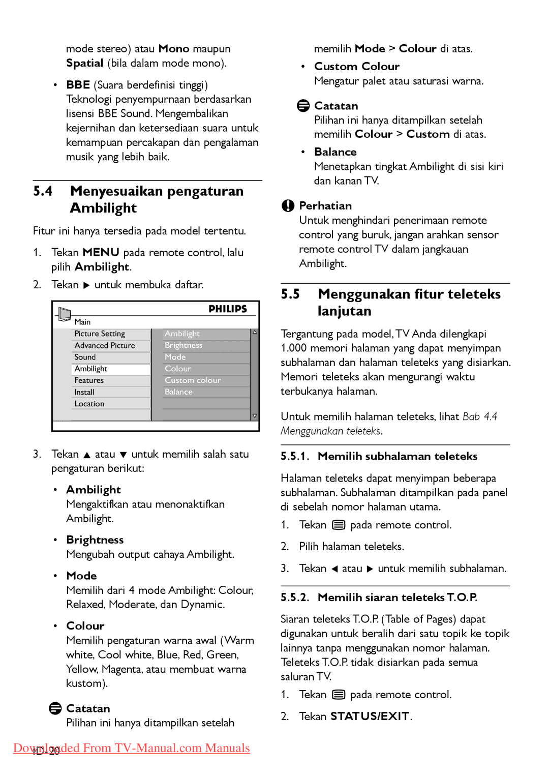 Philips 47PFL540, 3 42PFL5403 32PFL5403 manual Menyesuaikan pengaturan Ambilight, Menggunakan ﬁtur teleteks lanjutan 