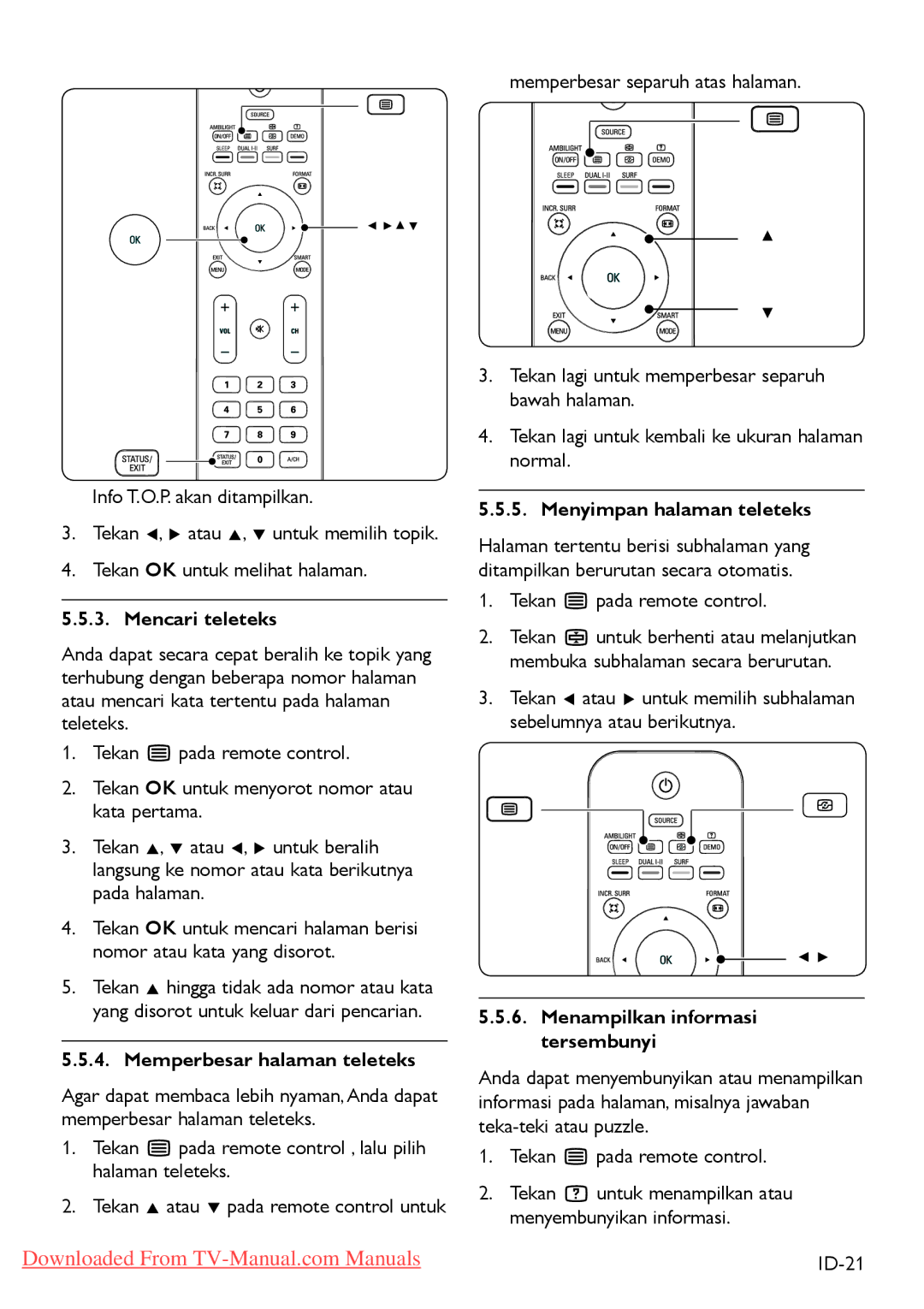 Philips 3 42PFL5403 32PFL5403, 47PFL540 Mencari teleteks, Memperbesar halaman teleteks, Menyimpan halaman teleteks, ID-21 