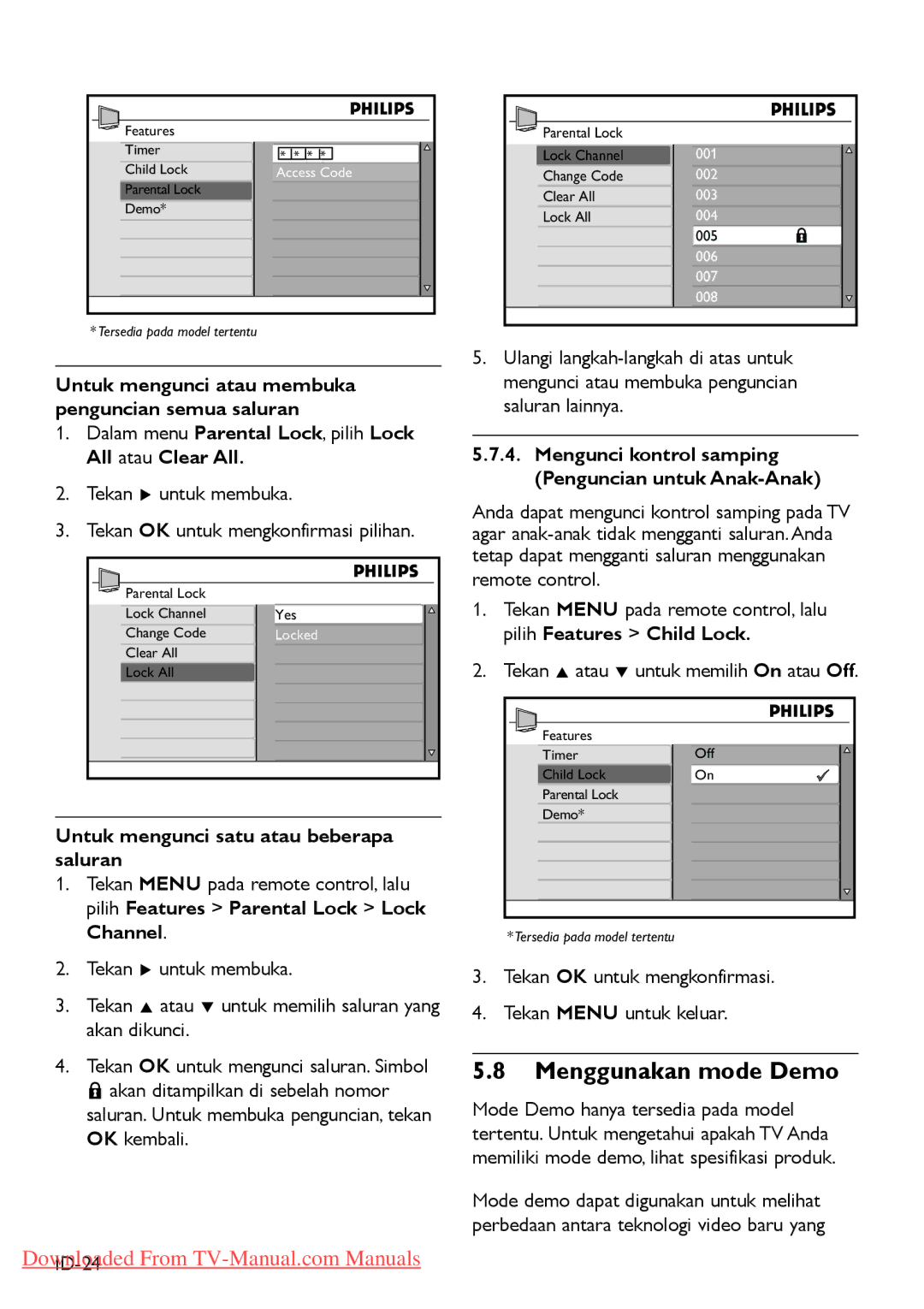 Philips 47PFL540, 3 42PFL5403 32PFL5403 manual Menggunakan mode Demo, Untuk mengunci atau membuka penguncian semua saluran 