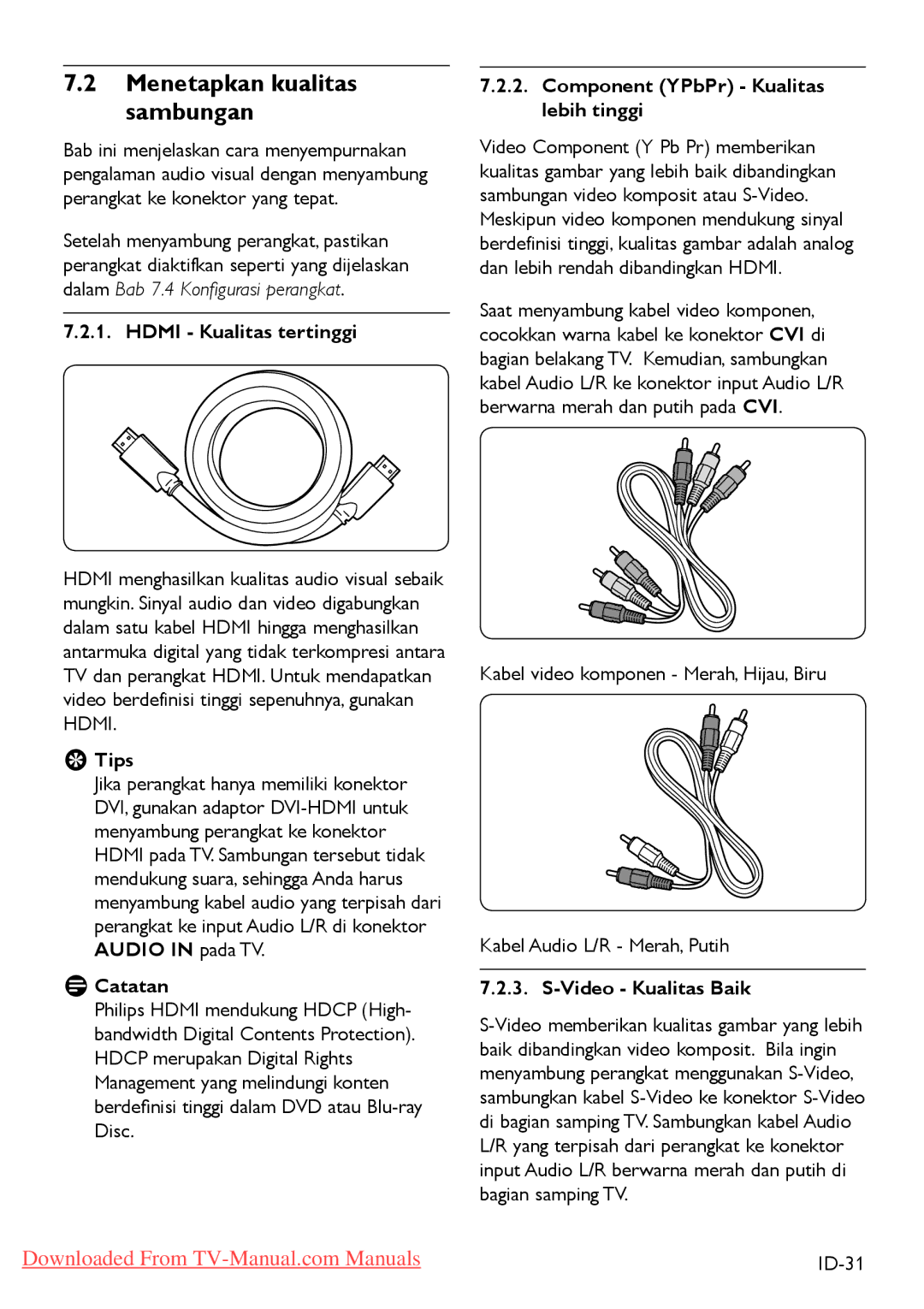 Philips 3 42PFL5403 32PFL5403, 47PFL540 manual Menetapkan kualitas sambungan, Hdmi Kualitas tertinggi, Video Kualitas Baik 