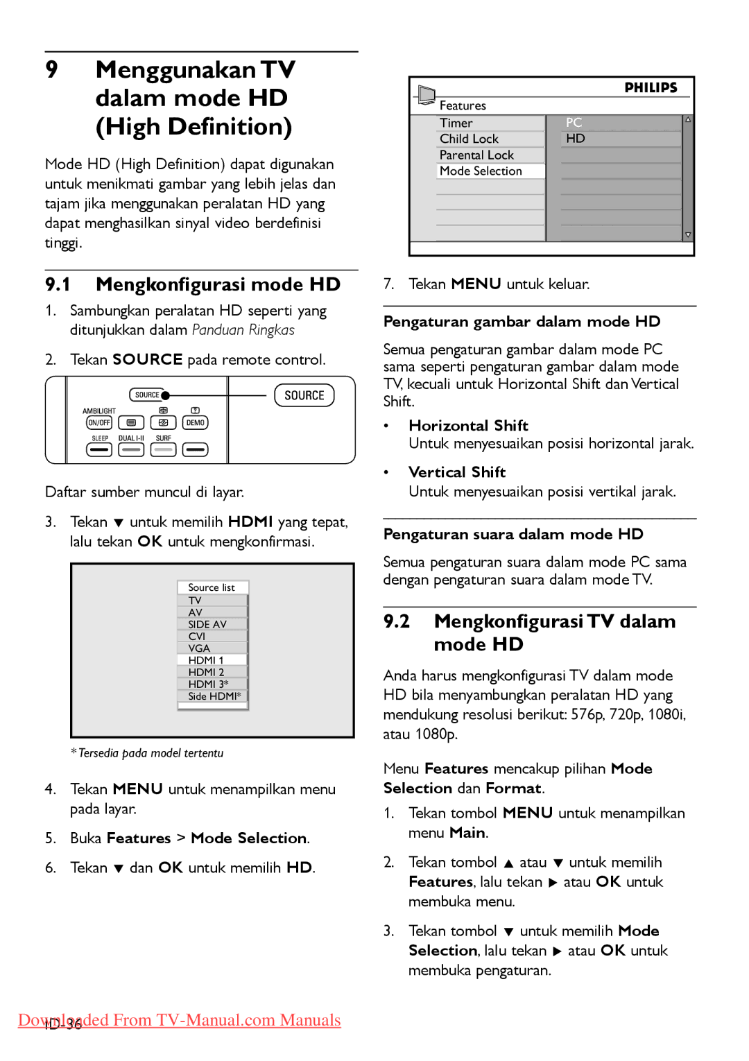 Philips 47PFL540 manual Mengkonﬁgurasi mode HD, Mengkonﬁgurasi TV dalam mode HD, Buka Features Mode Selection 