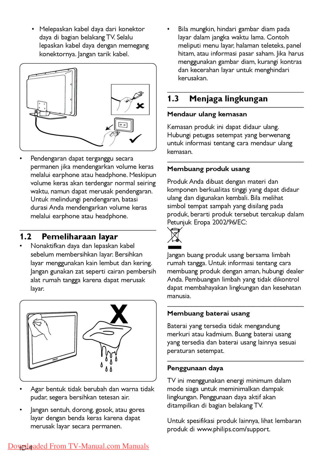 Philips 47PFL540, 3 42PFL5403 32PFL5403 manual Pemeliharaan layar, Menjaga lingkungan 