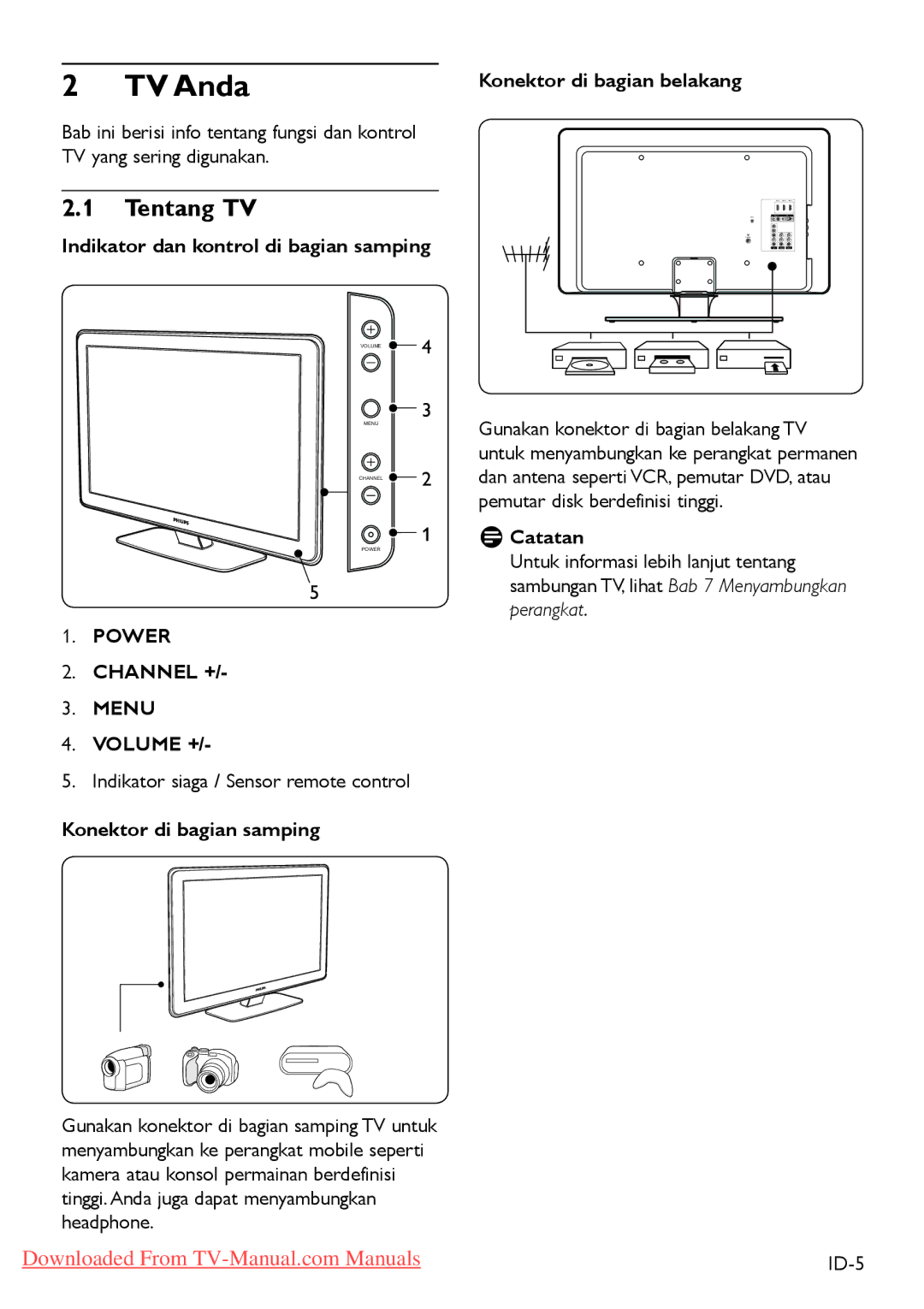 Philips 3 42PFL5403 32PFL5403, 47PFL540 manual TV Anda, Tentang TV, Power, Menu 