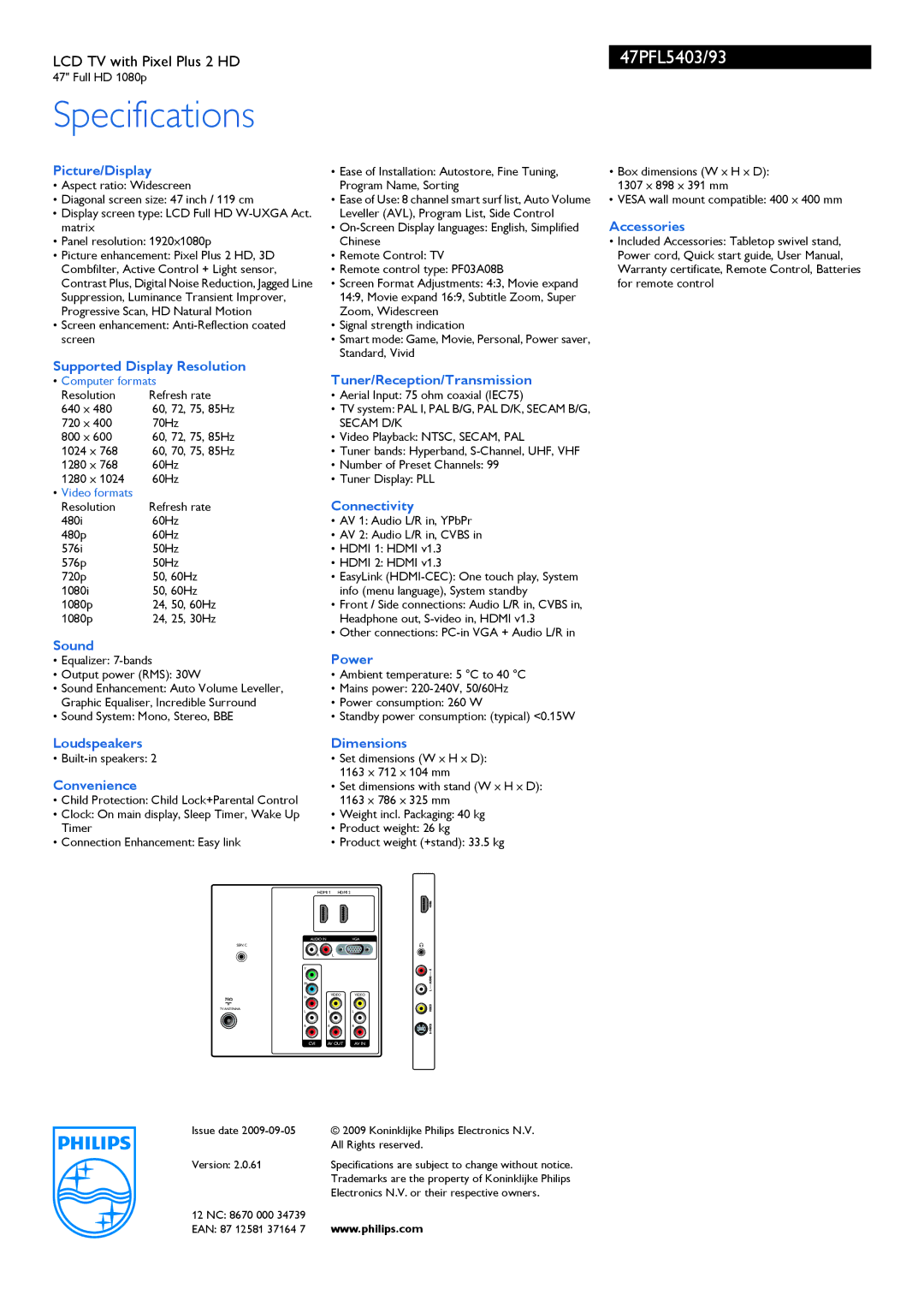 Philips 47PFL5403/93 manual Picture/Display, Accessories, Supported Display Resolution, Tuner/Reception/Transmission, Sound 