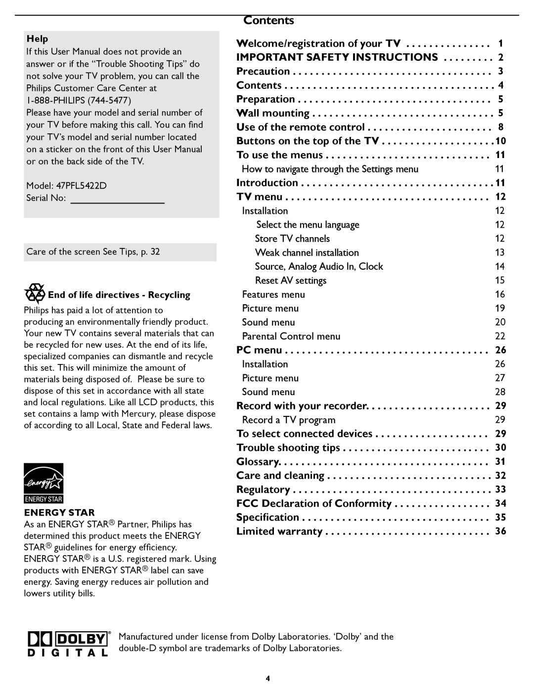 Philips 47PFL5422D manual Contents 