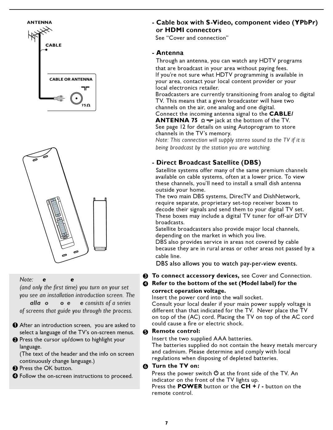 Philips 47PFL5422D manual Antenna, Direct Broadcast Satellite DBS, Remote control, Turn the TV on 