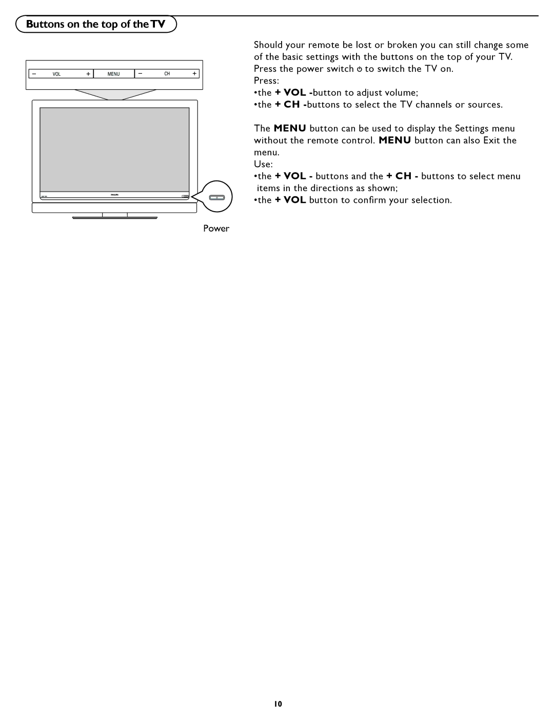 Philips 47PFL5422D manual Buttons on the top of theTV 